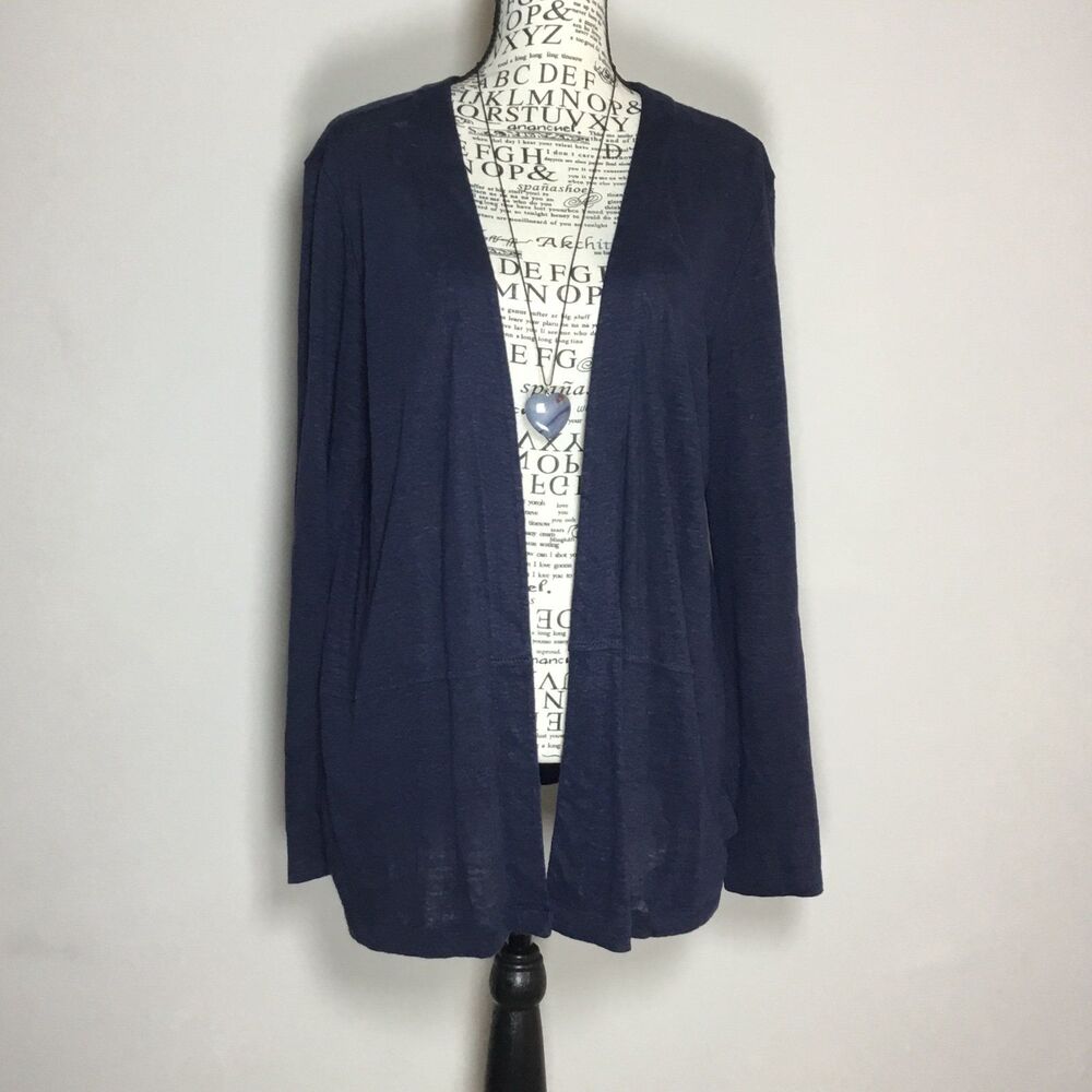 J. Jill 100% linen cardigan open front navy blue pockets lightweight classy M